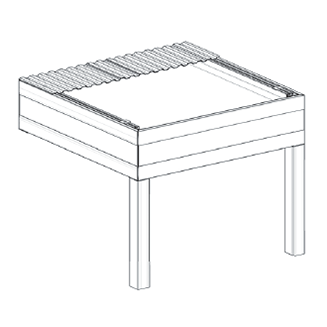 Disegno schematico di un tavolo quadrato in legno con quattro gambe e piano a doghe.