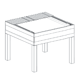 Disegno schematico di un tavolo quadrato in legno con quattro gambe e piano a doghe.