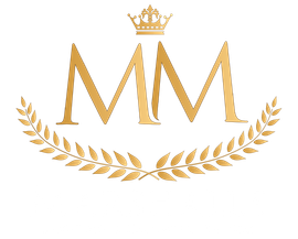 Gold "MM" initials with a crown above and laurel wreath below.