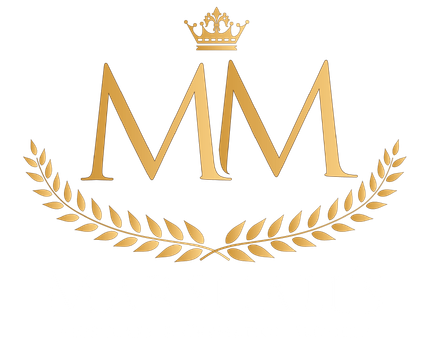 Gold "MM" initials with a crown above and laurel wreath below.