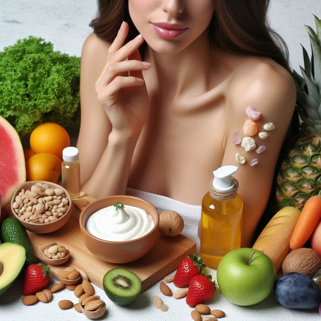 Una mujer está rodeada de frutas y verduras y tiene un tatuaje en el brazo.