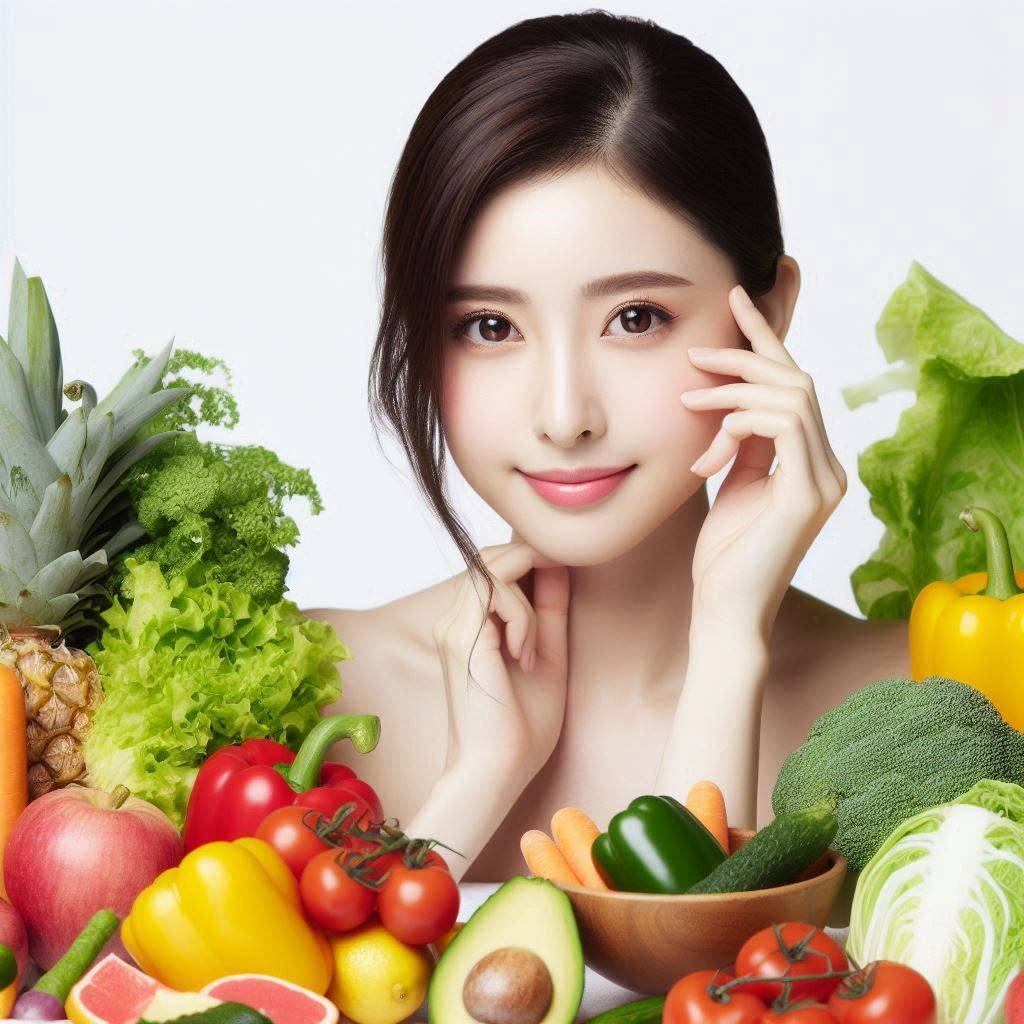Una mujer está rodeada de una variedad de frutas y verduras.