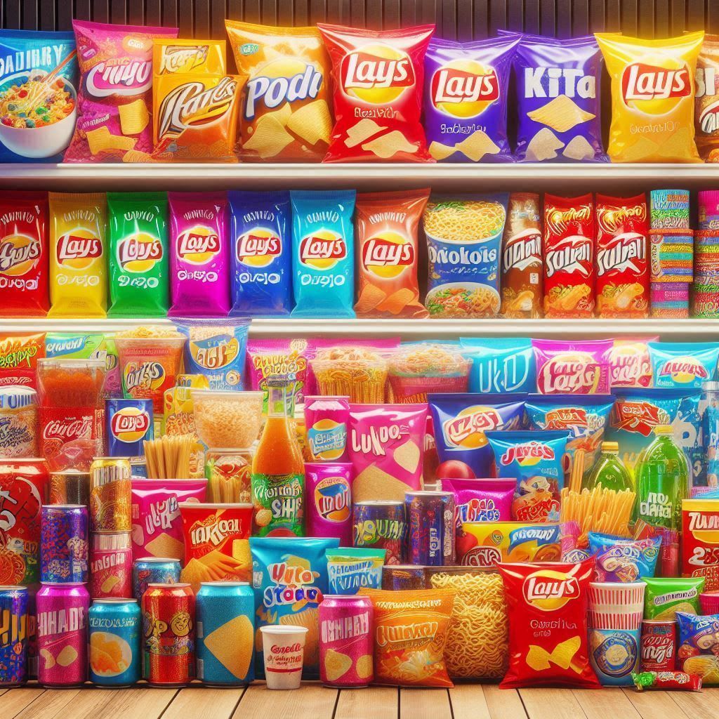 Un estante de un supermercado lleno de bocadillos y bebidas.