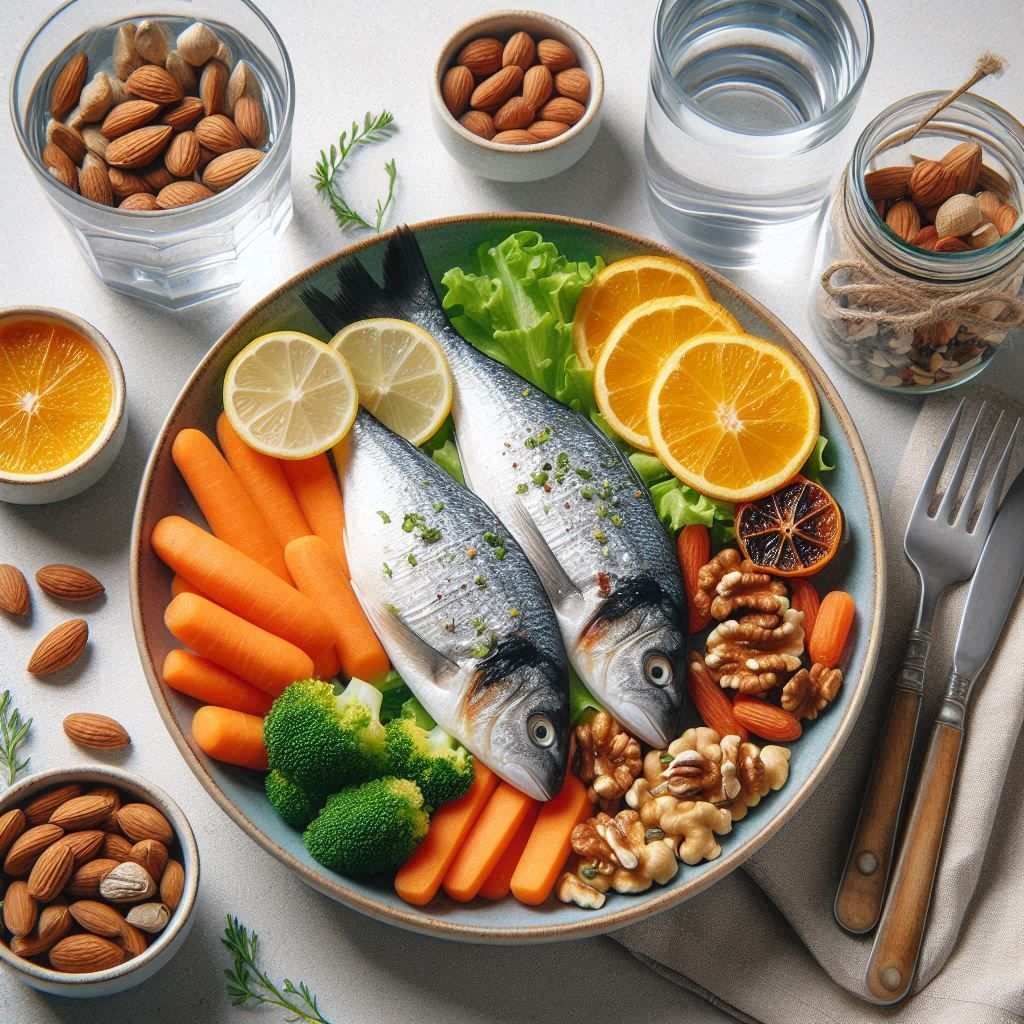 Un plato de comida con pescado, verduras, nueces y naranjas sobre una mesa.