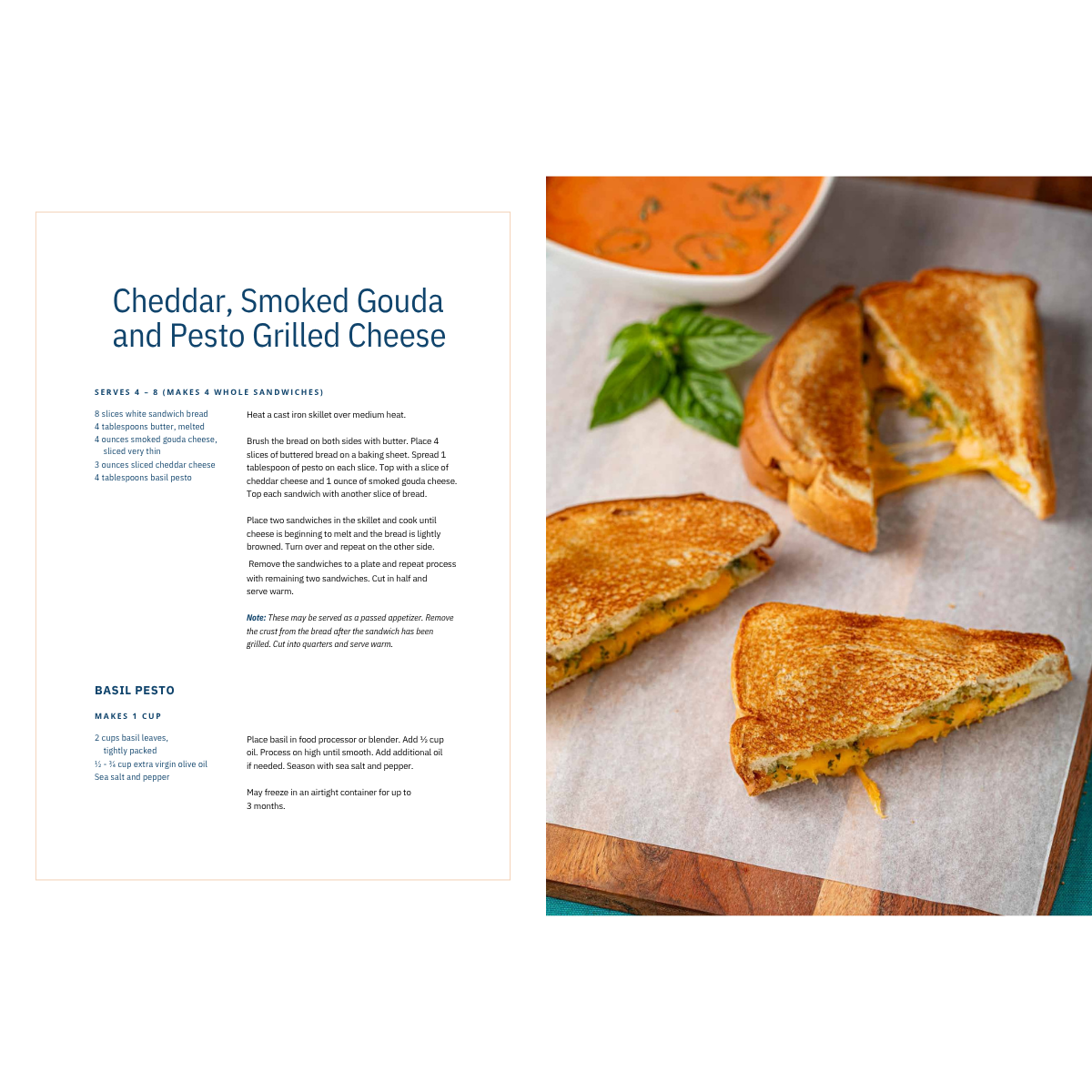 Recipe page for cheddar, smoked gouda and pesto grilled cheese with toasted sandwich wedges and tomato soup