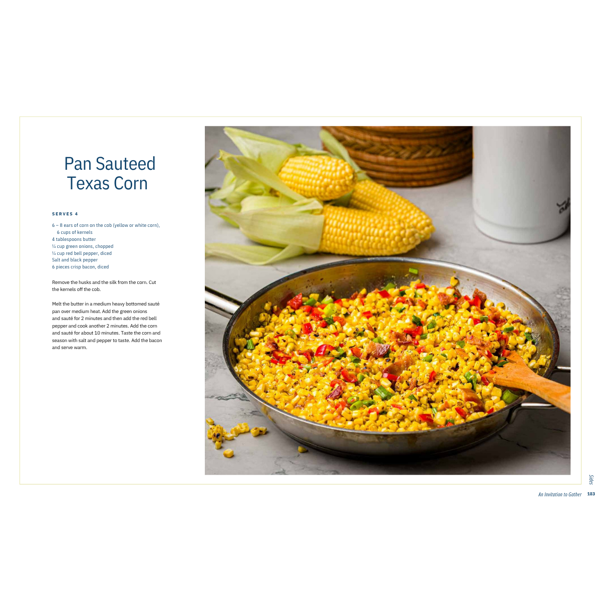 Pan sautéed corn in a skillet with red peppers, with corn cobs and recipe text beside it