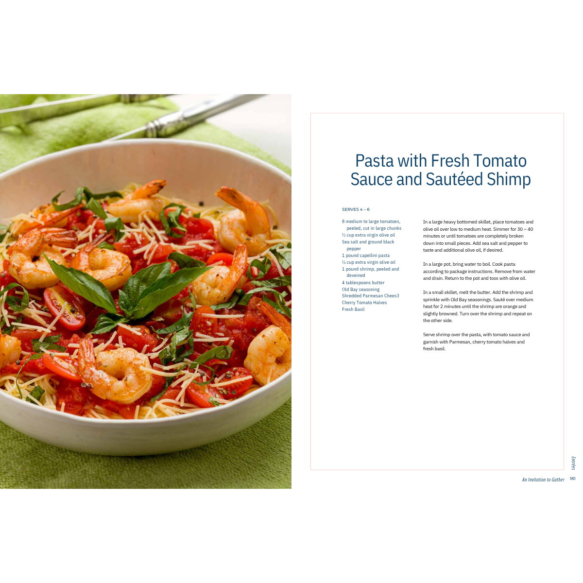 Cookbook page featuring pasta with fresh tomato sauce and sautéed shrimp in a white bowl