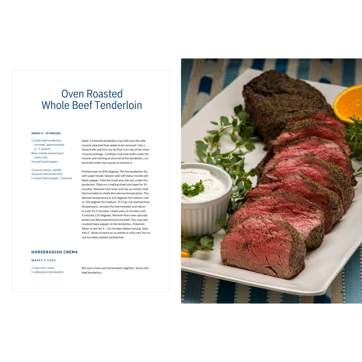Recipe page showing sliced oven-roasted beef tenderloin on a white platter with garnish and sauce