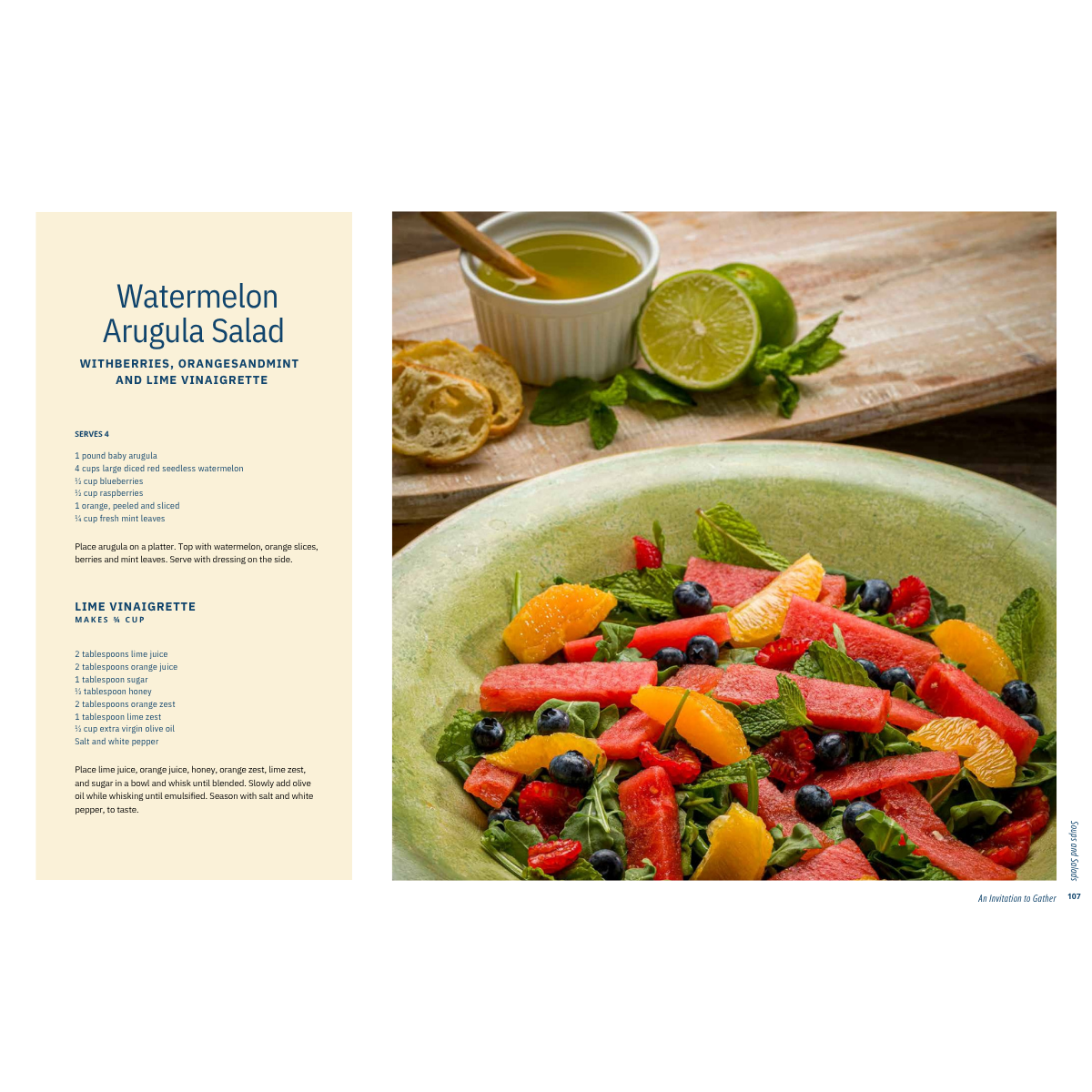 Watermelon arugula salad with lime, herbs, and a recipe card layout