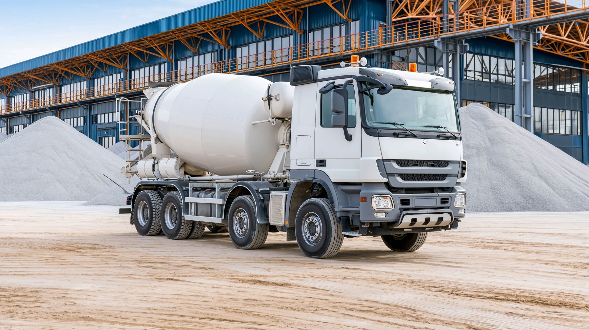 White concrete supplier mixer truck by gravel piles