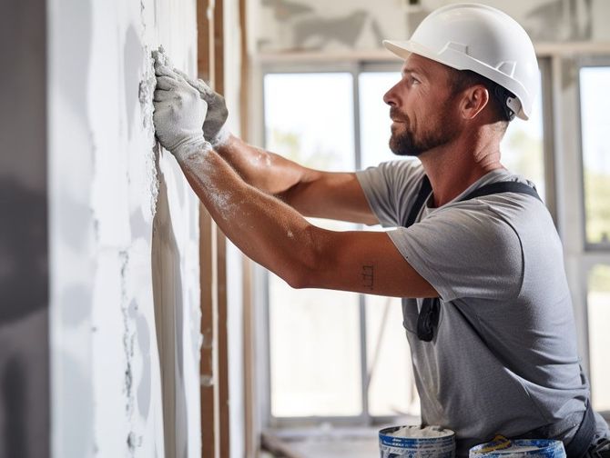 Worker in a white hard hat painting an interior wall with a roller near a window.