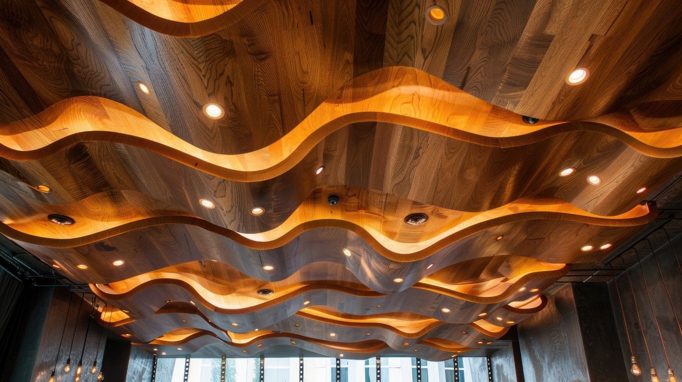 Custom designer ceiling lighting installation in a lounge.