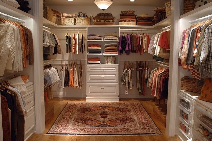 Walk-in closet with shelves and hanging clothes, rug, warm colors, overhead lighting.