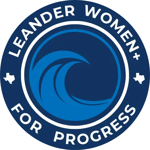 Blue circular logo reading “LEANDER WOMEN+ FOR PROGRESS” with a stylized wave icon in the center
