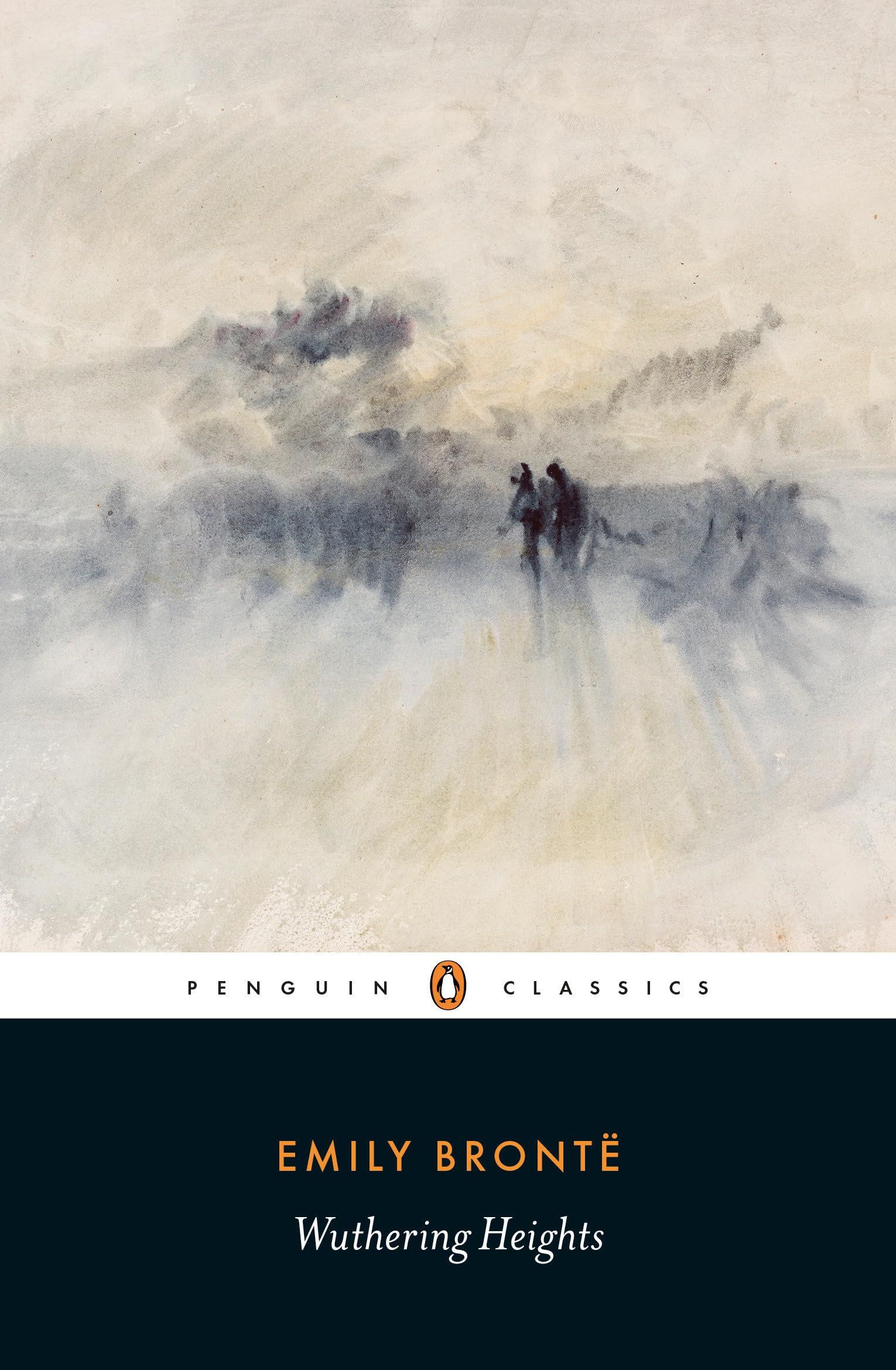 Cover of *Wuthering Heights* by Emily Brontë. Two figures walk in mist.