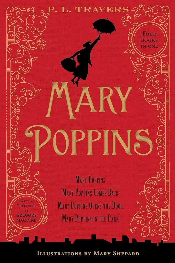 Book cover: Mary Poppins in silhouette, holding umbrella, gold lettering on red background.