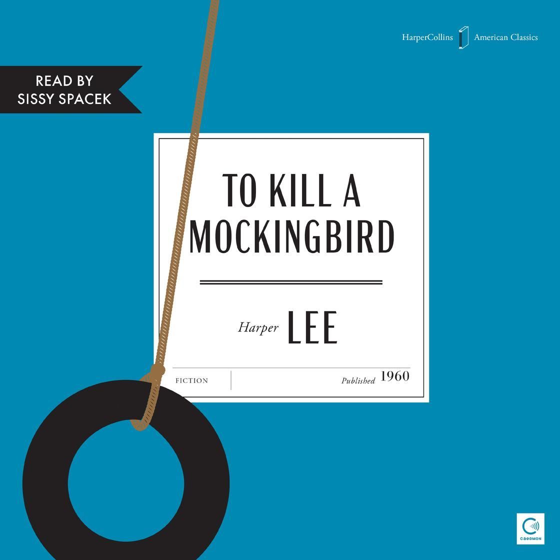 Audiobook cover of To Kill a Mockingbird by Harper Lee on a teal background with a hanging tire swing.
