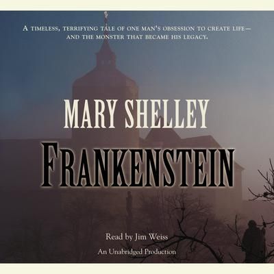 Mary Shelley’s Frankenstein audiobook cover with a misty castle silhouette at dusk