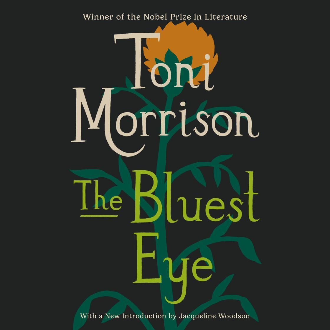 Book cover for Toni Morrison’s The Bluest Eye, with cream, green, and orange lettering on a dark background