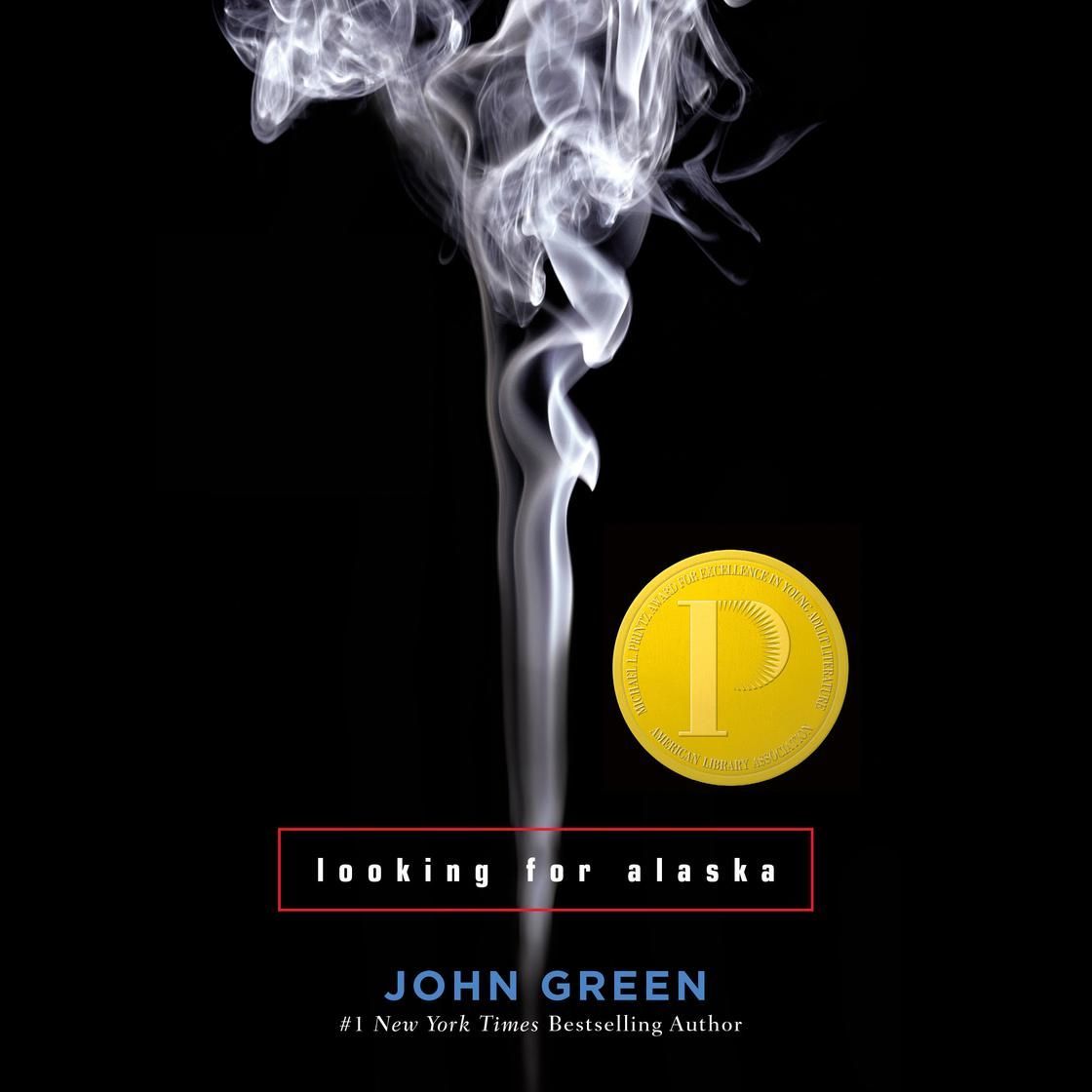 Book cover for *Looking for Alaska* by John Green, with smoke, a gold coin, and a black background