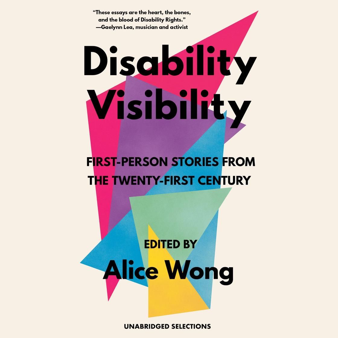 Book cover: “Disability Visibility” with bold black text on a colorful pink, blue, and yellow geometric background