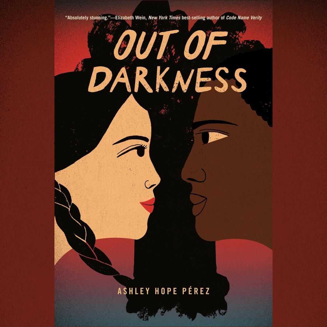 Book cover titled “Out of Darkness” with two faces in profile against a dark red background.