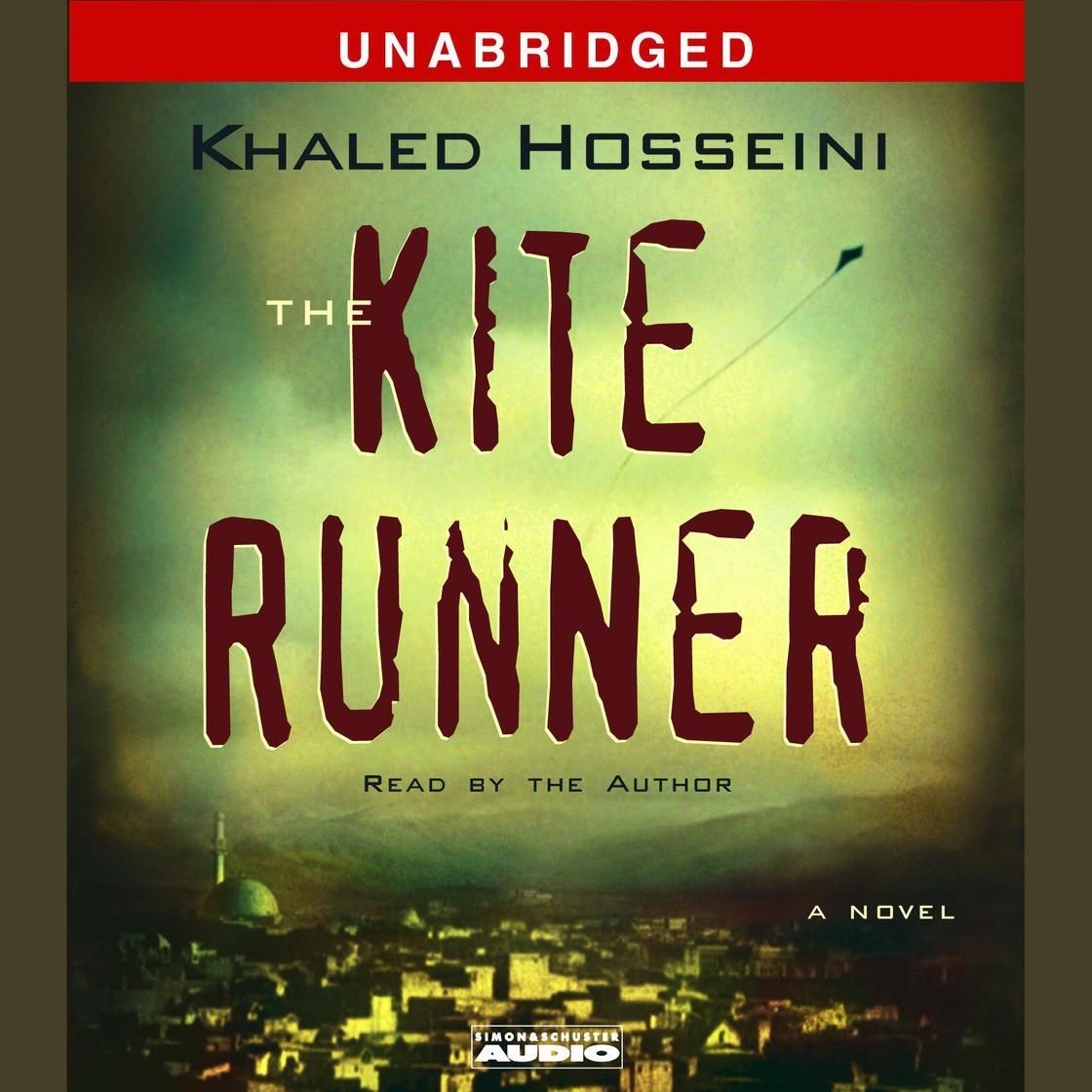 Book cover of The Kite Runner by Khaled Hosseini, with red title text over a green cityscape.