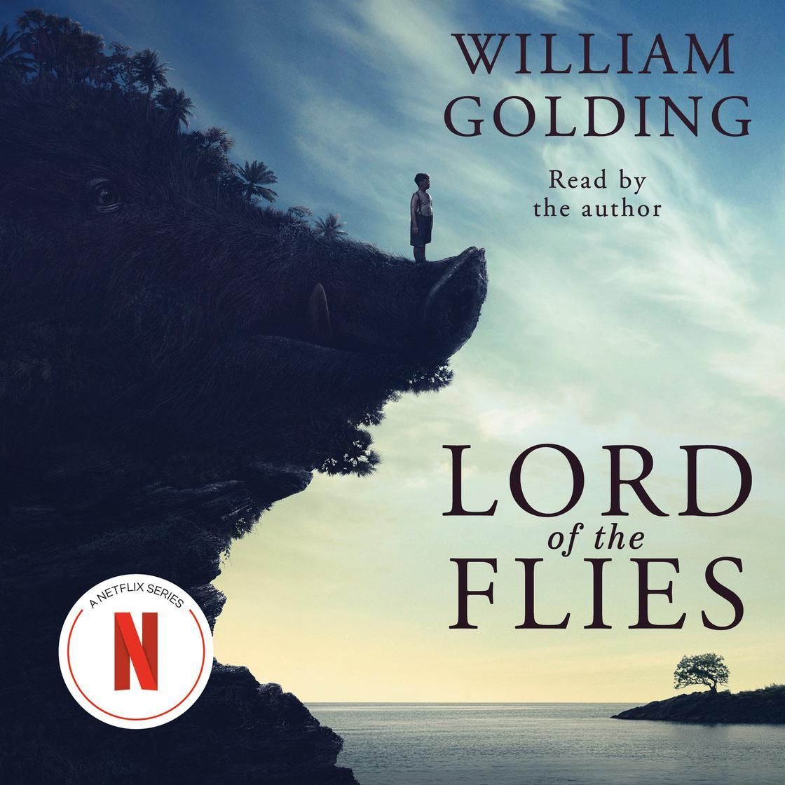 Book cover for William Golding’s Lord of the Flies, with a silhouetted figure on a cliff over the sea
