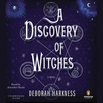 Book cover for A Discovery of Witches by Deborah Harkness, dark blue with stars and moon motifs