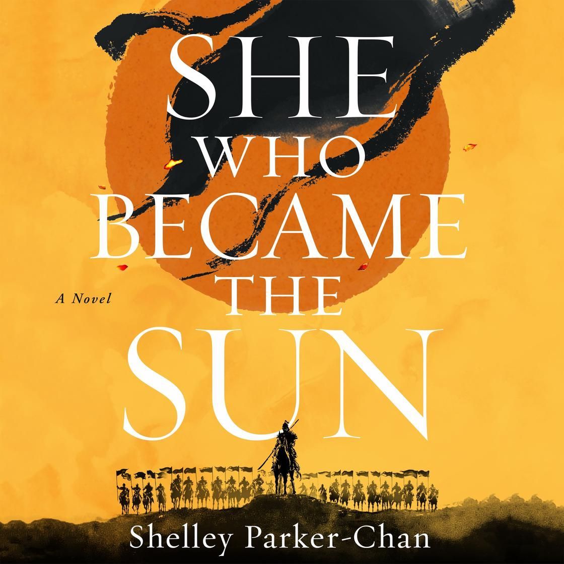 Book cover for *She Who Became the Sun* by Shelley Parker-Chan, with a golden sunburst and black silhouette