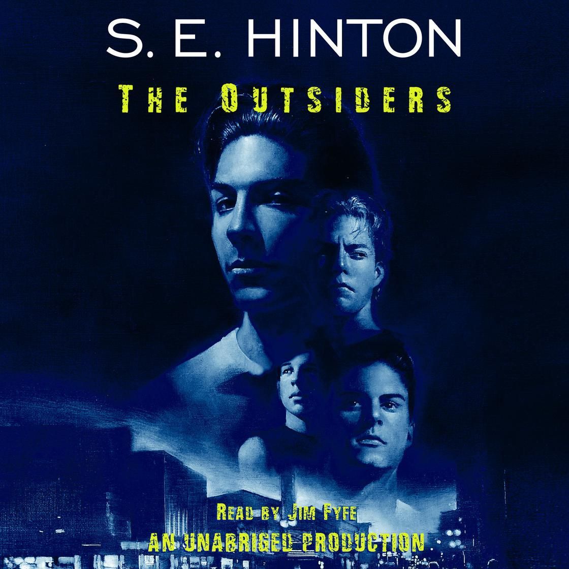 Book cover for S.E. Hinton’s The Outsiders, with blue-toned portraits of four young men.