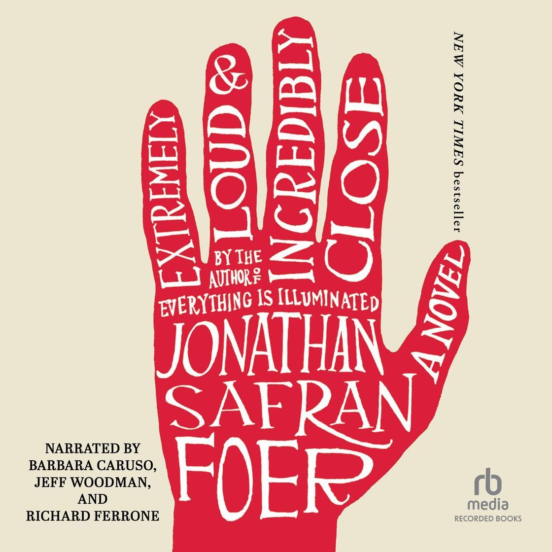 Book cover with red hand-shaped design and white text for Jonathan Safran Foer’s Extremely Loud & Incredibly Close.