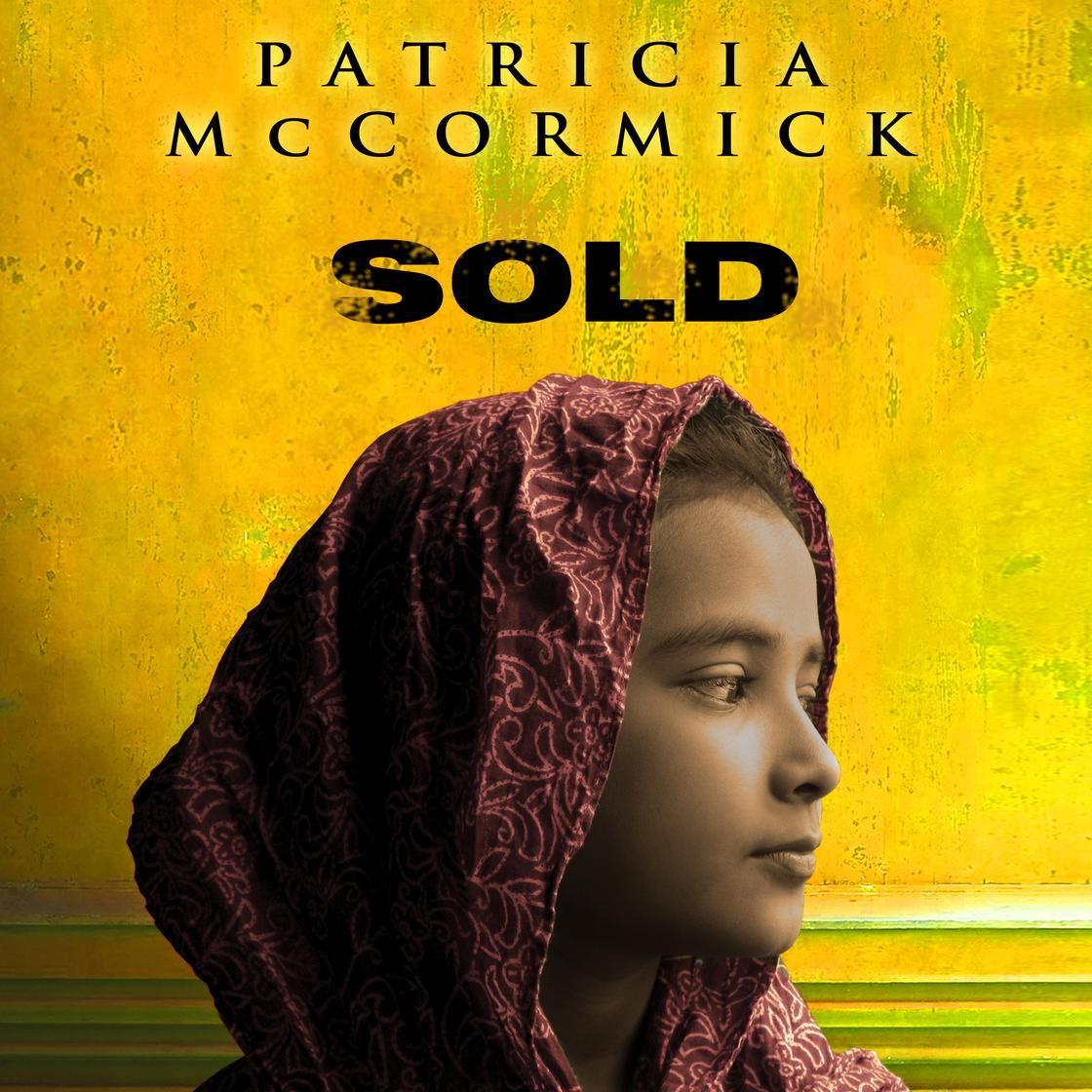 Book cover titled “Sold” by Patricia McCormick, showing a hooded profile against a yellow background.