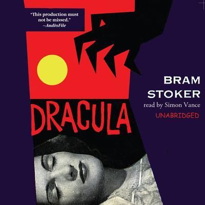 Dracula audiobook cover with red and black art, moon, vampire hands, and a reclining face.