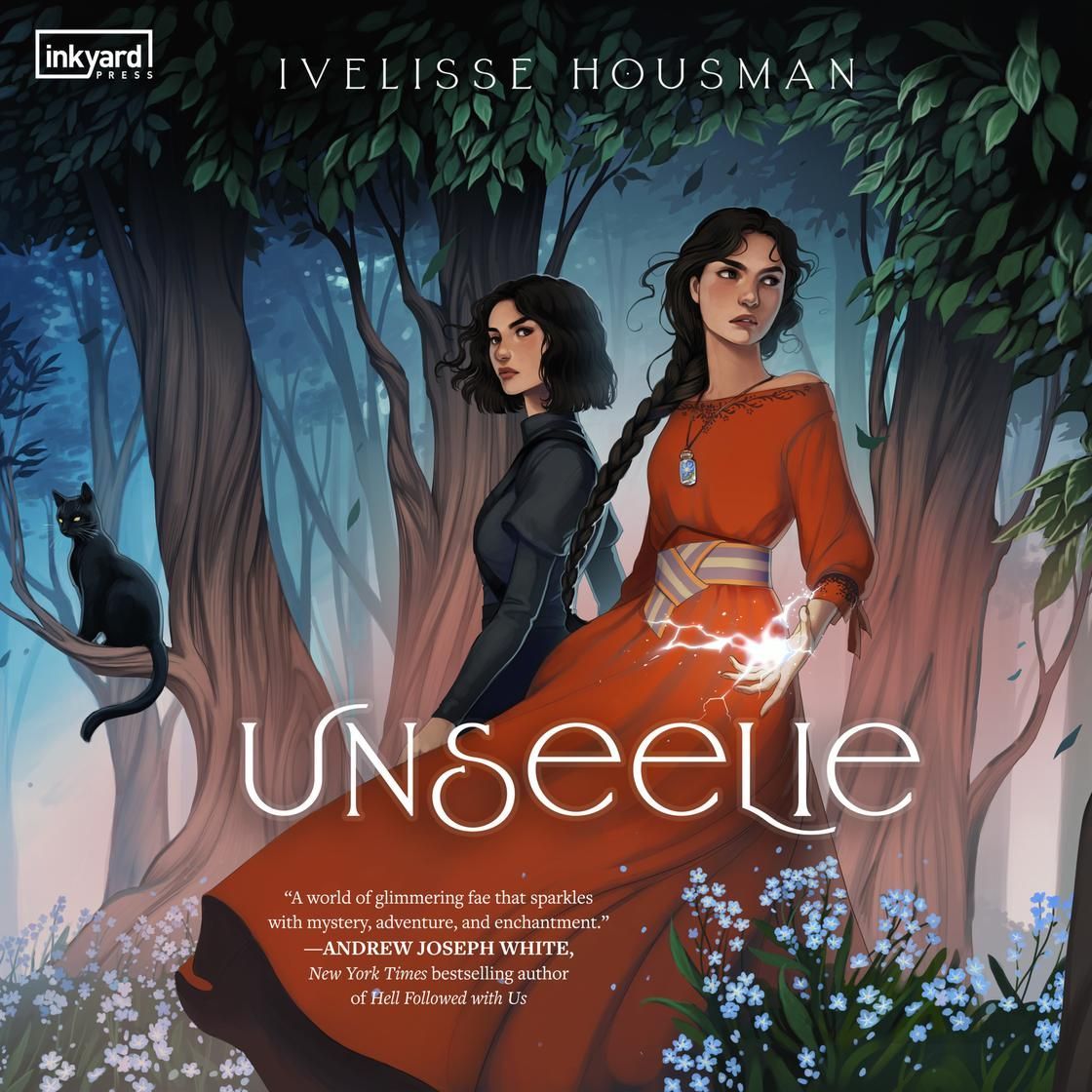 Two figures in a moonlit forest, one in black and one in red, for the book “Unseelie”
