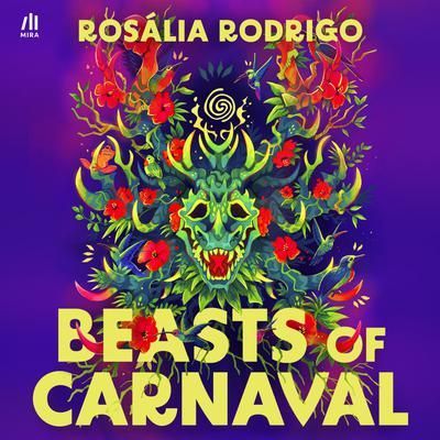 Album cover for Rosalia Rodrigo’s “Beasts of Carnaval,” with a vibrant green skull and floral mask on purple background