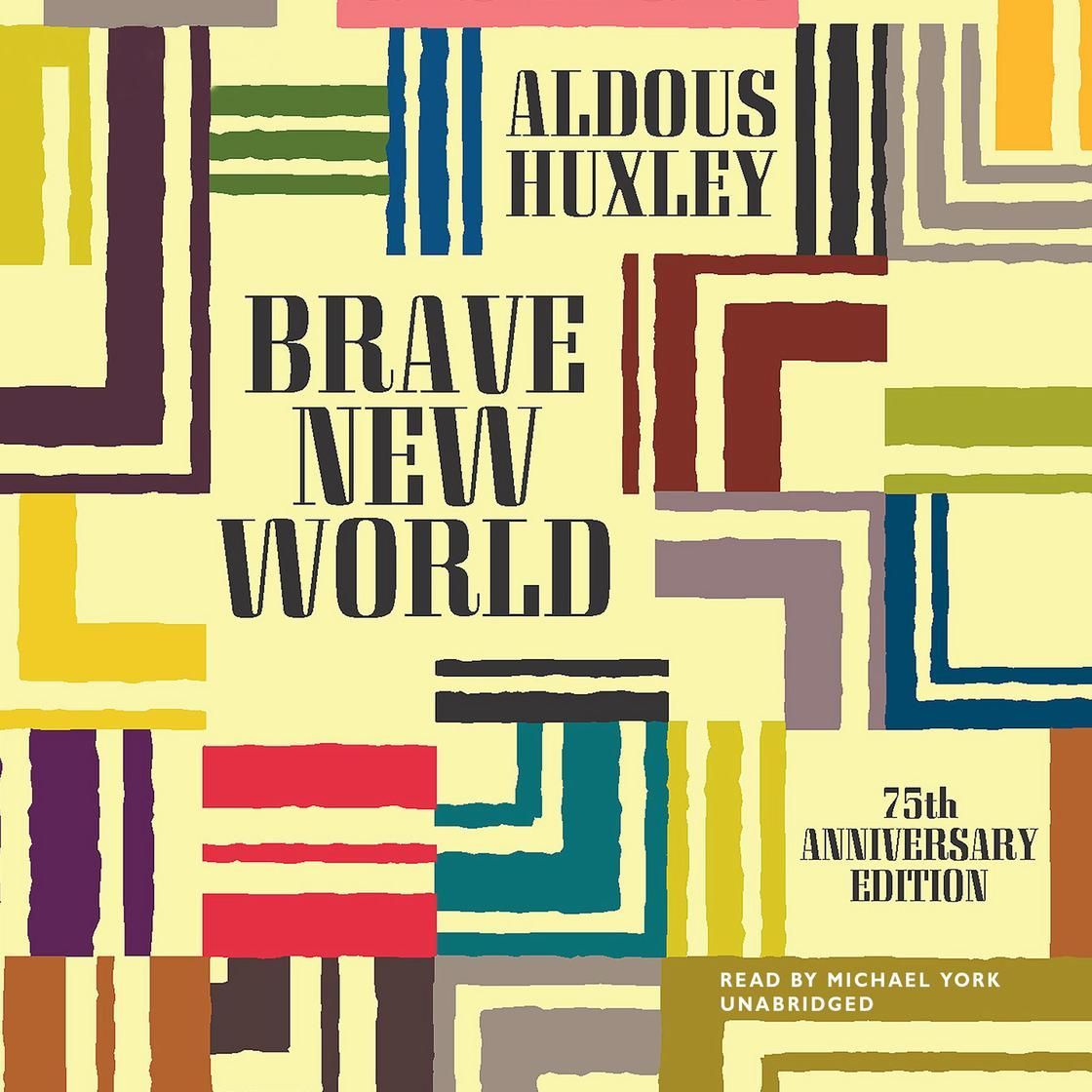Book cover for Aldous Huxley’s Brave New World with colorful geometric border patterns
