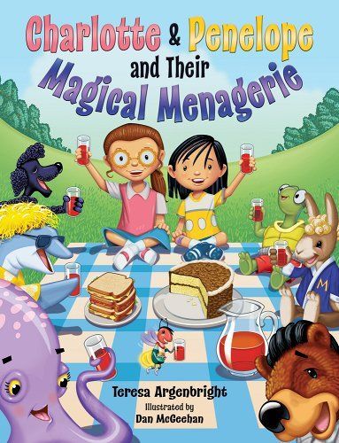 Two girls with animals at a picnic, serving juice and cake. Title 