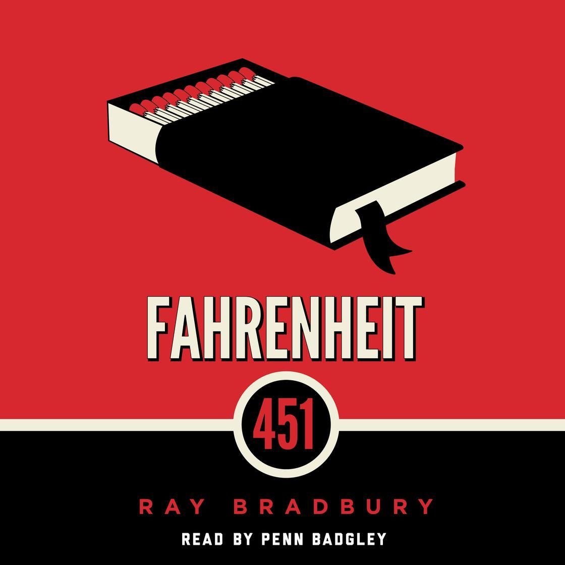 Fahrenheit 451 book cover with a burning book illustration on a red background