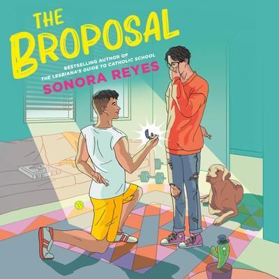 Book cover for “The Proposal” showing two men speaking in a colorful apartment with a dog and cat at their feet.
