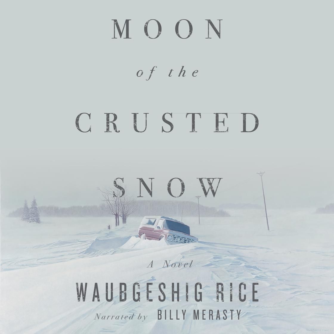 Book cover. Title: Moon of the Crusted Snow. A snow-covered road and stranded vehicle in a winter landscape.