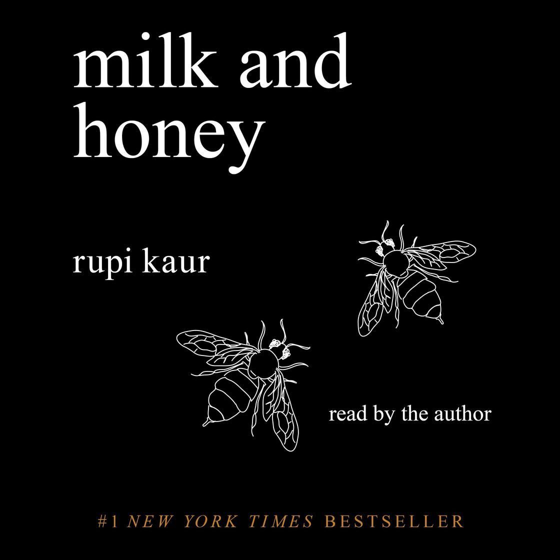 Black book cover for Milk and Honey by Rupi Kaur with bee illustrations and “read by the author” text