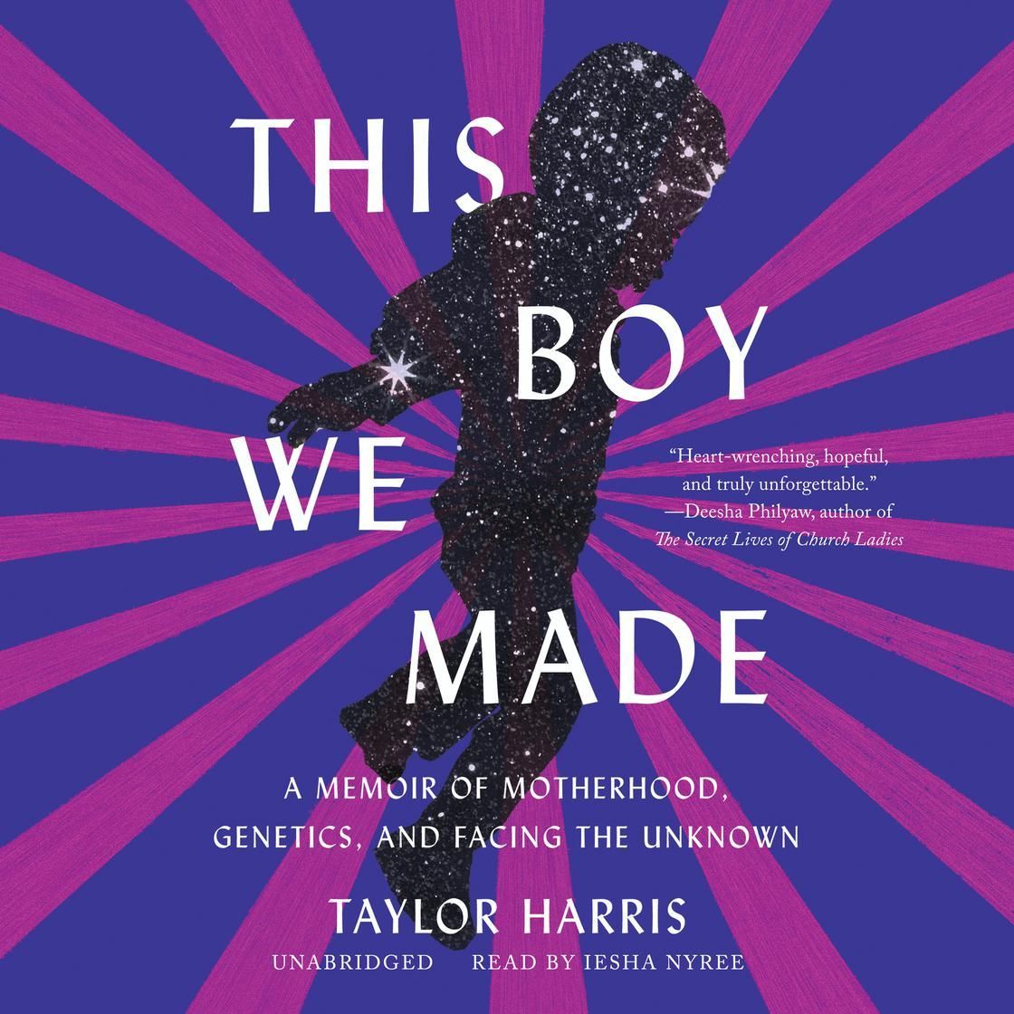 Book cover with purple rays and a glittering child silhouette; title reads “This Boy We Made” by Taylor Harris