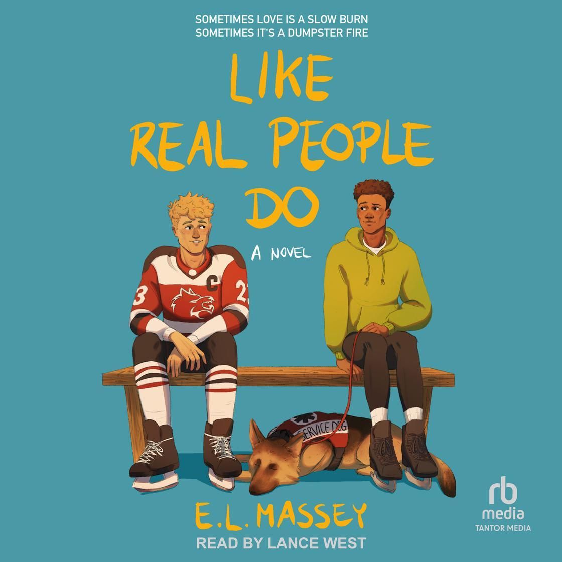 Book cover for Like Real People Do by E.L. Massey, showing two people and a dog on a bench.