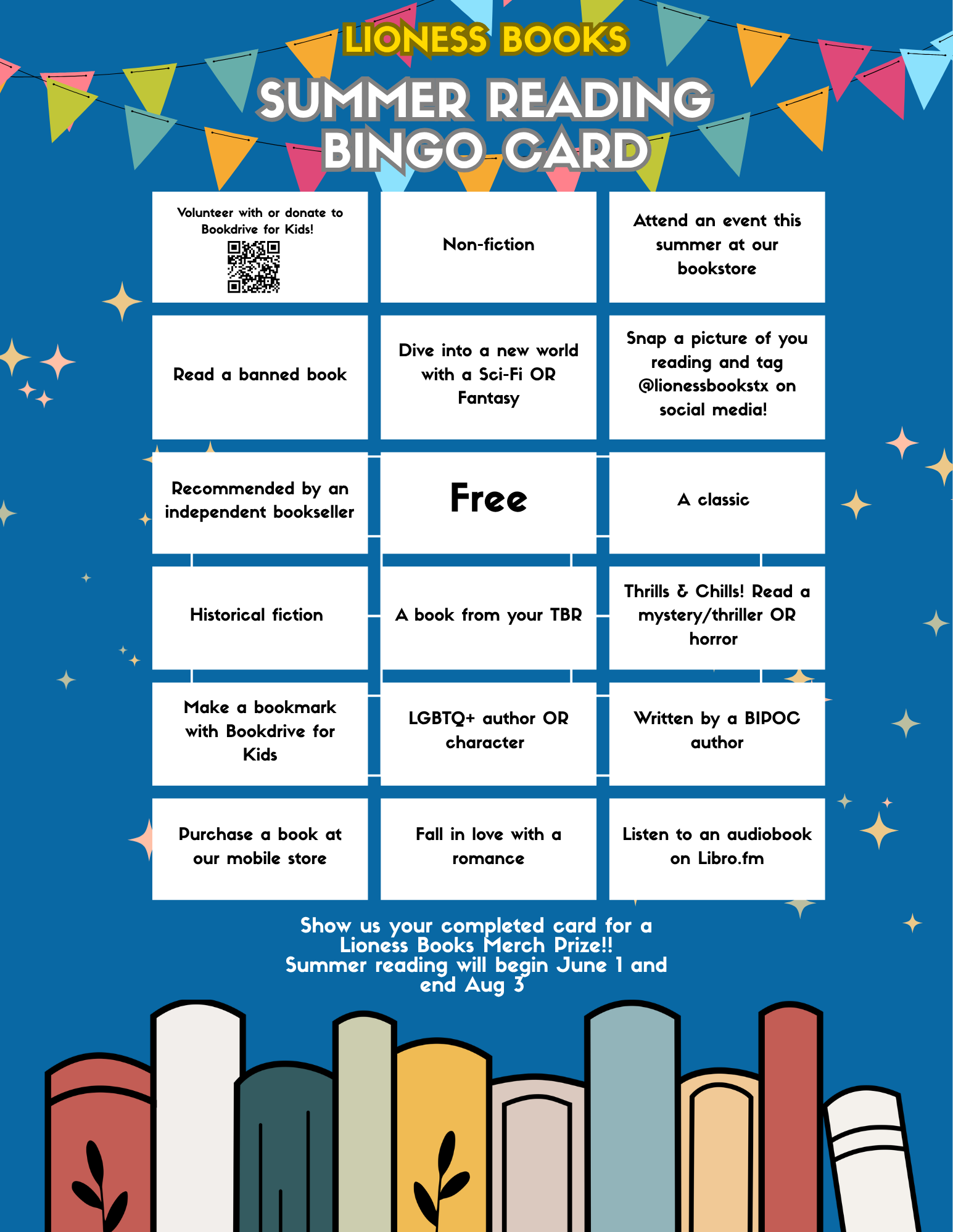 Lions Clubs International summer reading bingo card with blue background, books, stars, and reading challenge squares