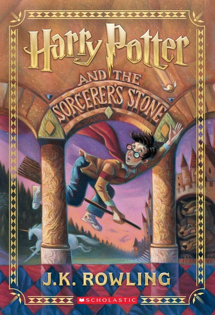 Harry Potter flying on a broom through a stone archway; book cover.