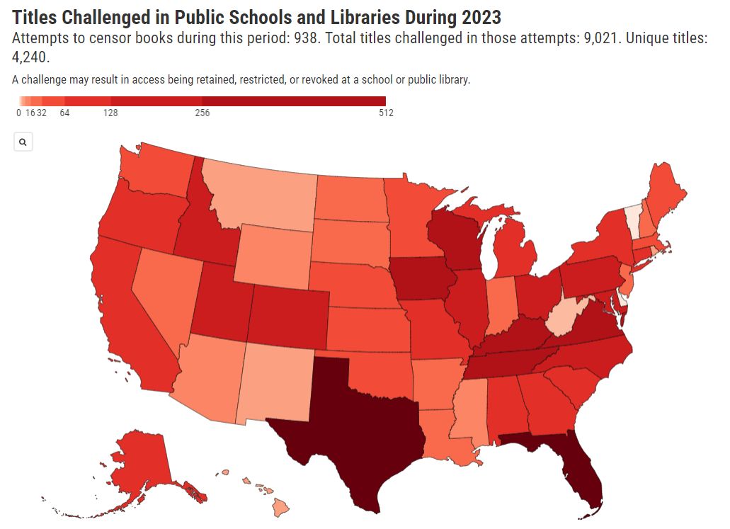 Map of US states colored to indicate titles challenged in schools and libraries during 2023, darker red for more challenges.
