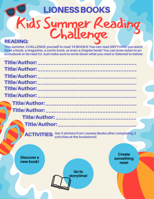 Kids Summer Reading Challenge poster with title lines and colorful beach-themed graphics, books, and activity circles