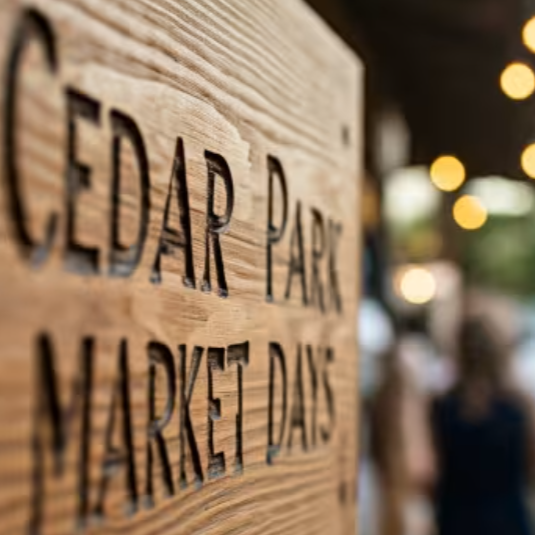 Wooden sign reading “CEDAR PARK MARKET DAYS” with blurred market lights and people in the background
