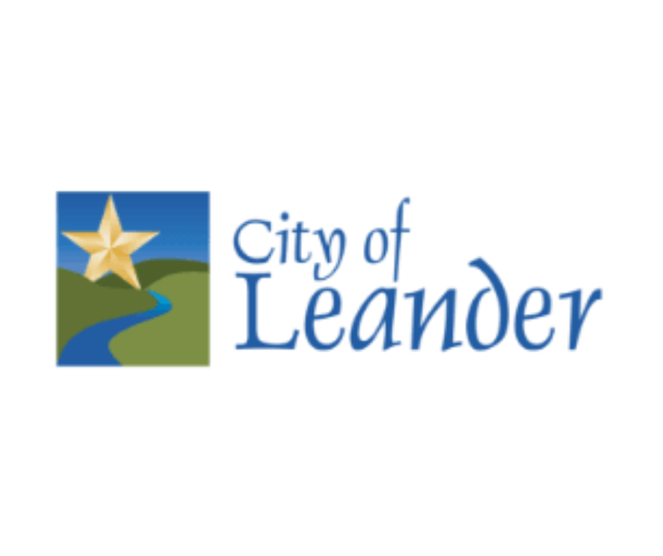 City of Leander logo: Blue square with gold star, green hills, blue river, and text